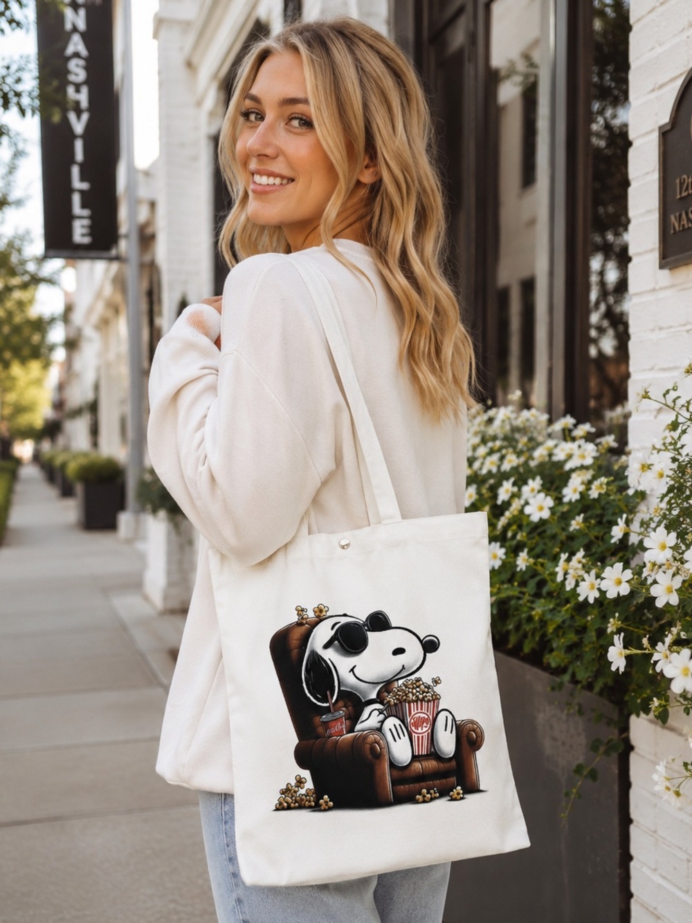 NEW Snoopy Sunglasses Joe Cool Peanuts Movie Popcorn Reusable White Tote Bag